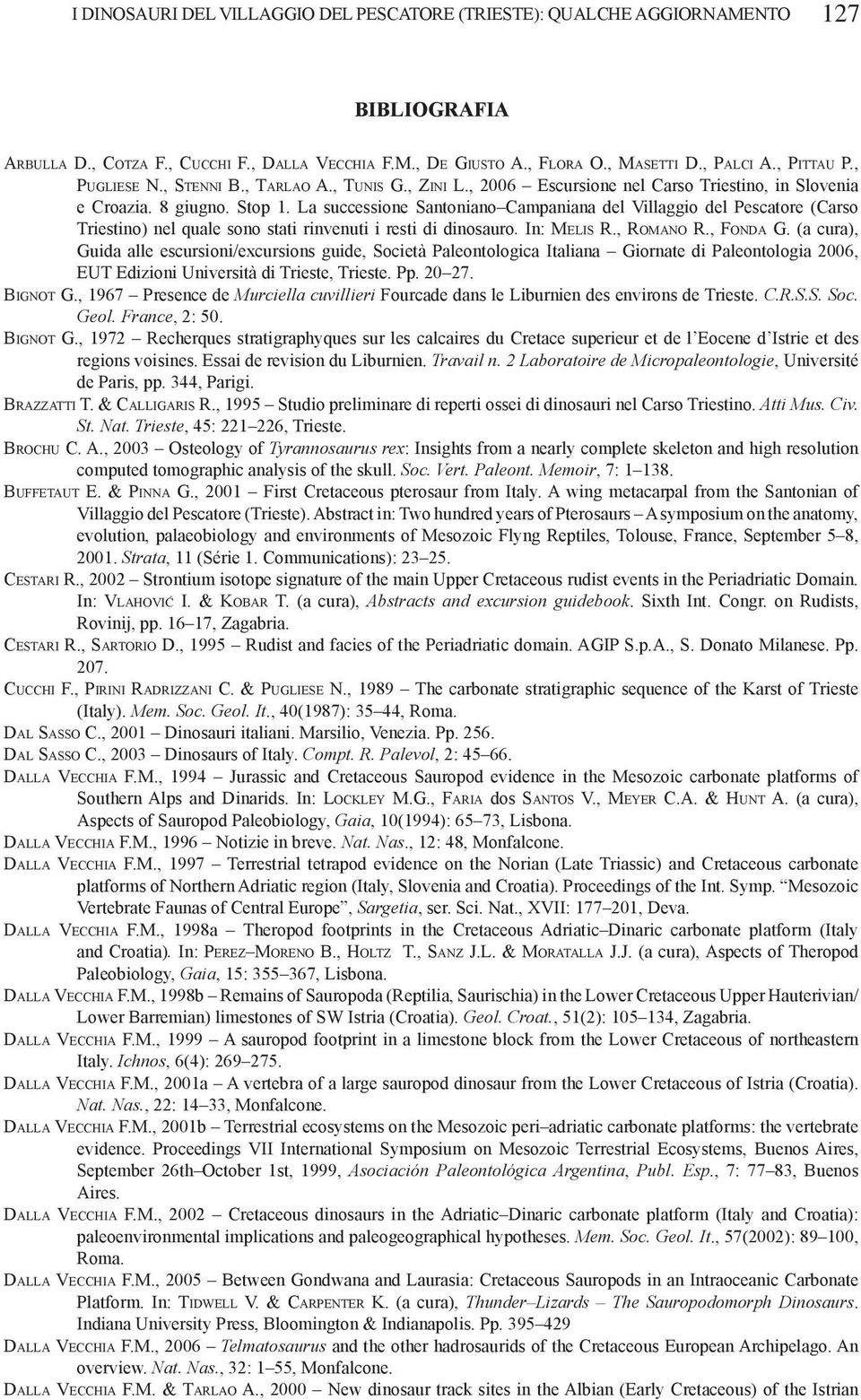 La successione Santoniano Campaniana del Villaggio del Pescatore (Carso Triestino) nel quale sono stati rinvenuti i resti di dinosauro. In: Me l i s R., Ro m a n o R., Fo n d a G.