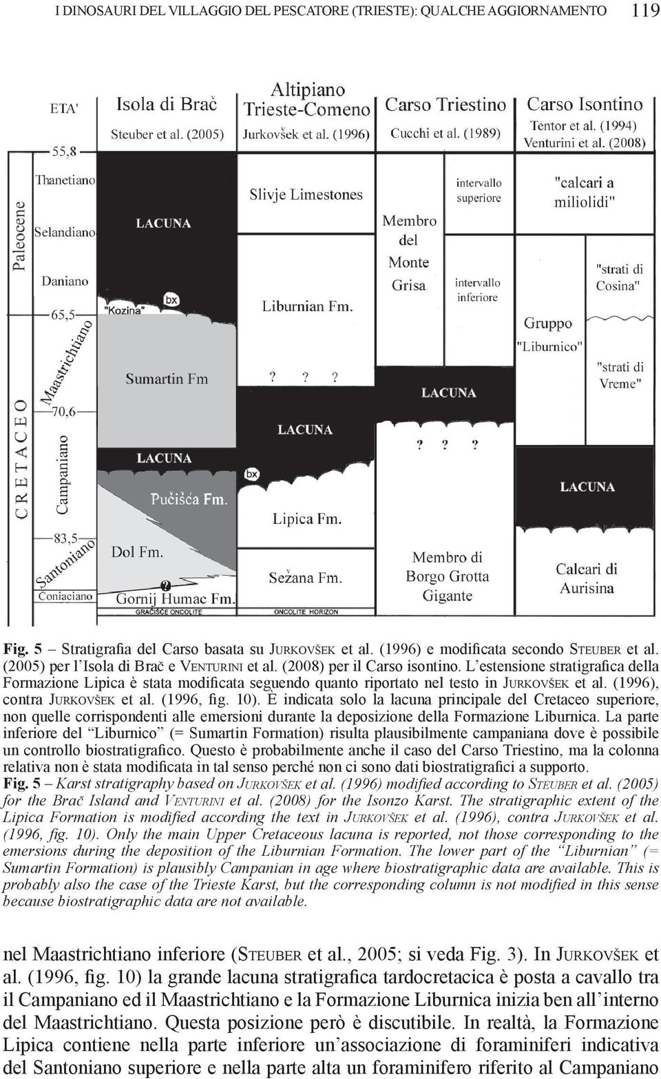 L estensione stratigrafica della Formazione Lipica è stata modificata seguendo quanto riportato nel testo in Ju r k o v š e k et al. (1996), contra Ju r k o v š e k et al. (1996, fig. 10).