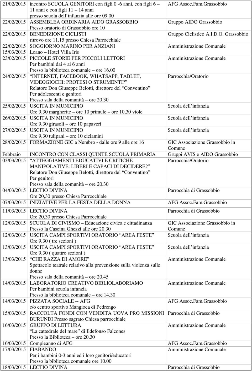 15 presso Chiesa Parrocchiale 22/02/2015 SOGGIORNO MARINO PER ANZIANI 15/03/2015 Loano Hotel Villa Iris 23/02/2015 PICCOLE STORIE PER PICCOLI LETTORI Per bambini dai 4 ai 6 anni ore 16.