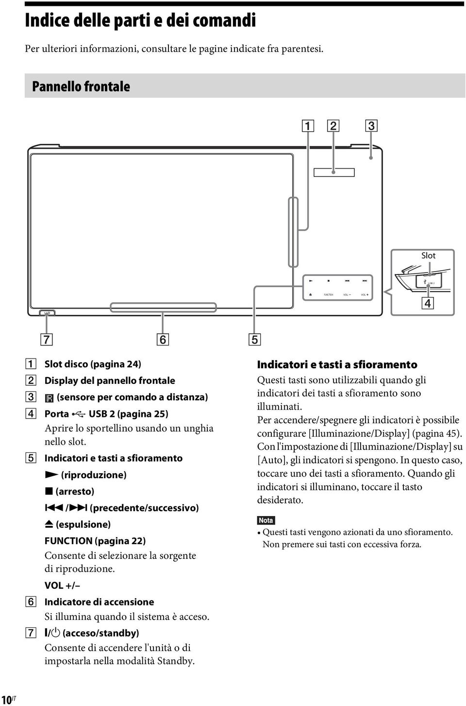 unghia nello slot. E Indicatori e tasti a sfioramento N (riproduzione) x (arresto)./> (precedente/successivo) Z (espulsione) FUNCTION (pagina 22) Consente di selezionare la sorgente di riproduzione.