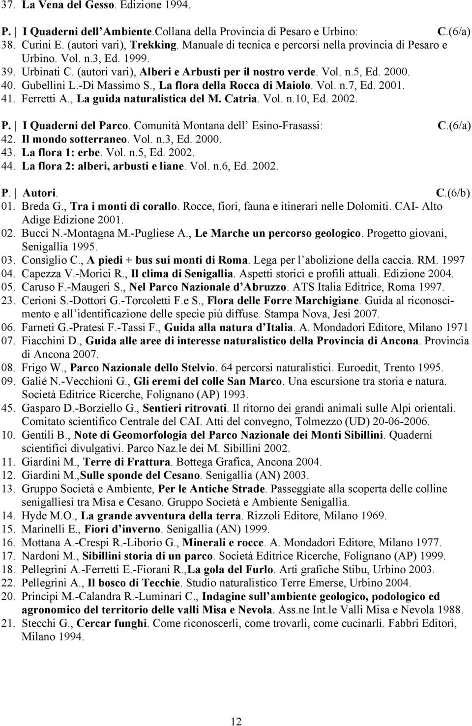 -Di Massimo S., La flora della Rocca di Maiolo. Vol. n.7, Ed. 2001. 41. Ferretti A., La guida naturalistica del M. Catria. Vol. n.10, Ed. 2002. P. I Quaderni del Parco.