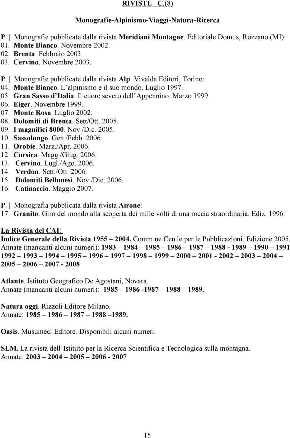 Il cuore severo dell Appennino. Marzo 1999. 06. Eiger. Novembre 1999. 07. Monte Rosa. Luglio 2002. 08. Dolomiti di Brenta. Sett/Ott. 2005. 09. I magnifici 8000. Nov./Dic. 2005. 10. Sassolungo. Gen.