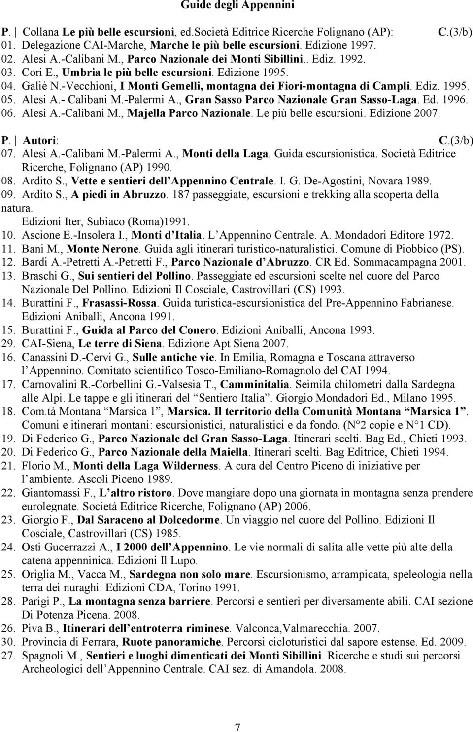 -Vecchioni, I Monti Gemelli, montagna dei Fiori-montagna di Campli. Ediz. 1995. 05. Alesi A.- Calibani M.-Palermi A., Gran Sasso Parco Nazionale Gran Sasso-Laga. Ed. 1996. 06. Alesi A.-Calibani M.