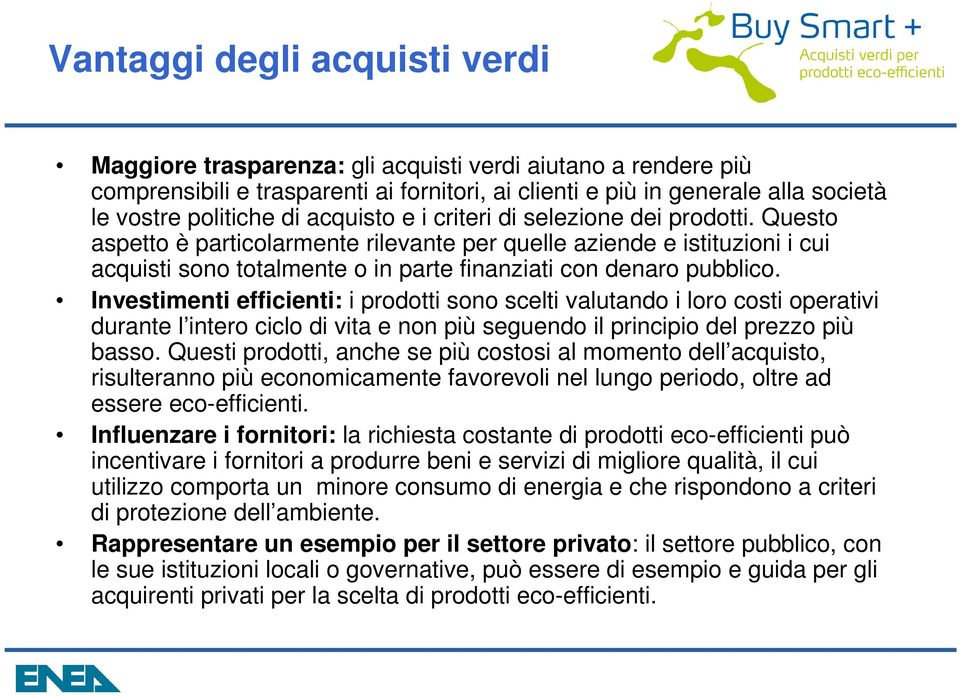 Investimenti efficienti: i prodotti sono scelti valutando i loro costi operativi durante l intero ciclo di vita e non più seguendo il principio del prezzo più basso.