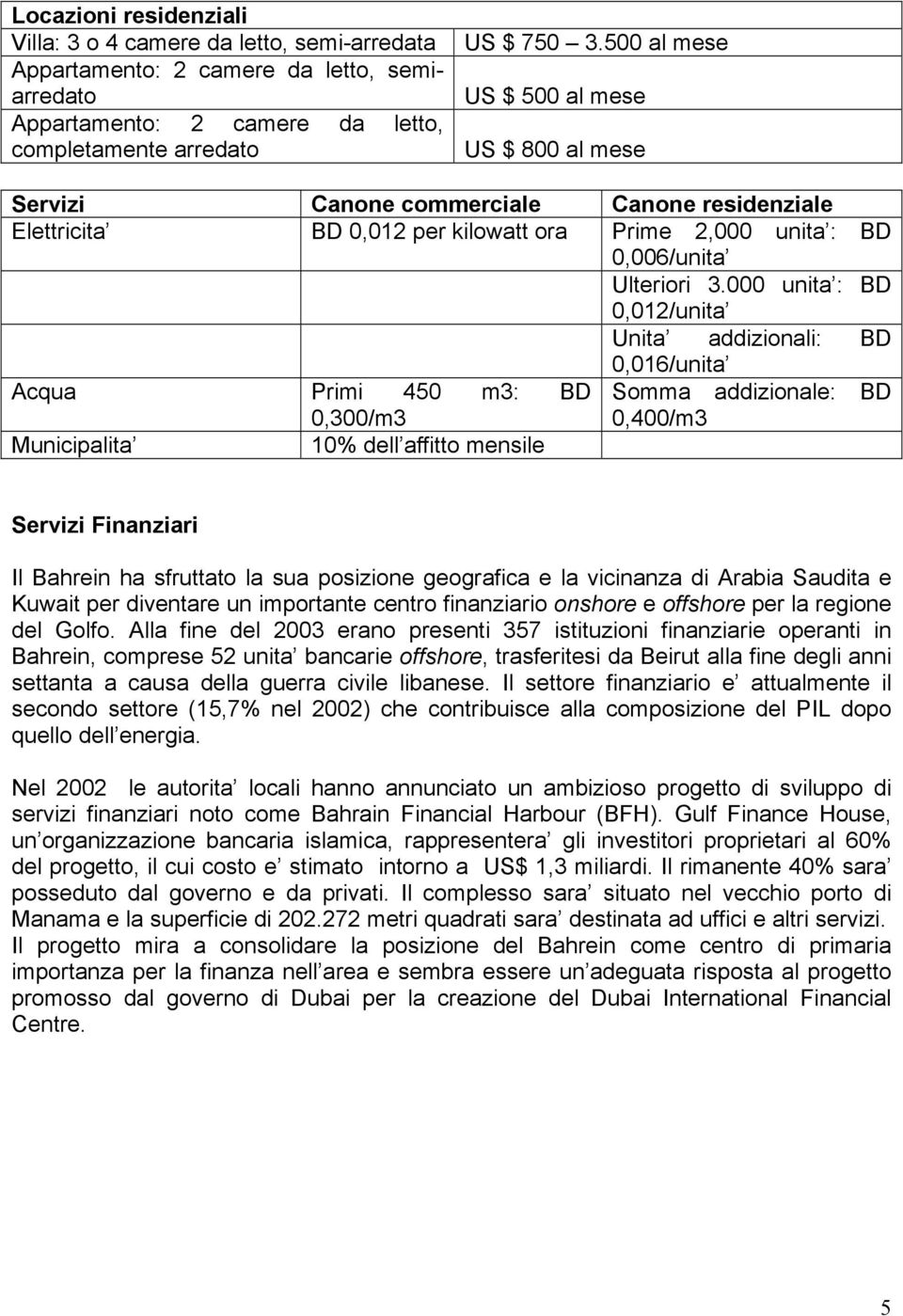 000 unita : BD 0,012/unita Unita addizionali: BD 0,016/unita Acqua Primi 450 m3: BD Somma addizionale: BD 0,300/m3 0,400/m3 Municipalita 10% dell affitto mensile Servizi Finanziari Il Bahrein ha
