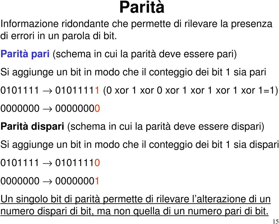 xor 0 xor 1 xor 1 xor 1 xor 1=1) 0000000 00000000 Parità dispari (schema in cui la parità deve essere dispari) Si aggiunge un bit in modo che il