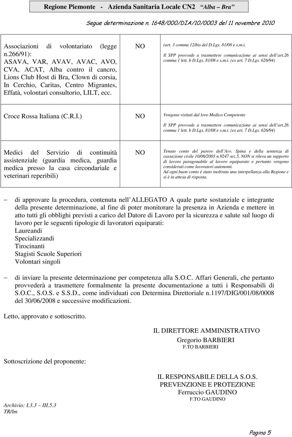 NO (art. 3 comma 12/bis del D.Lgs. 81/08 e s.m.i. Il SPP provvede a trasmettere comunicazione ai sensi dell art.26 comma 1 lett. b D.Lgs. 81/08 e s.m.i. (ex art. 7 D.Lgs. 626/94) Croce Rossa Italiana (C.