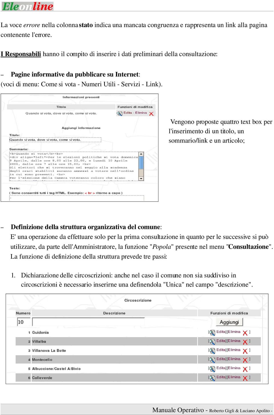 Vengono proposte quattro text box per l'inserimento di un titolo, un sommario/link e un articolo; Definizione della struttura organizzativa del comune: E' una operazione da effettuare solo per la