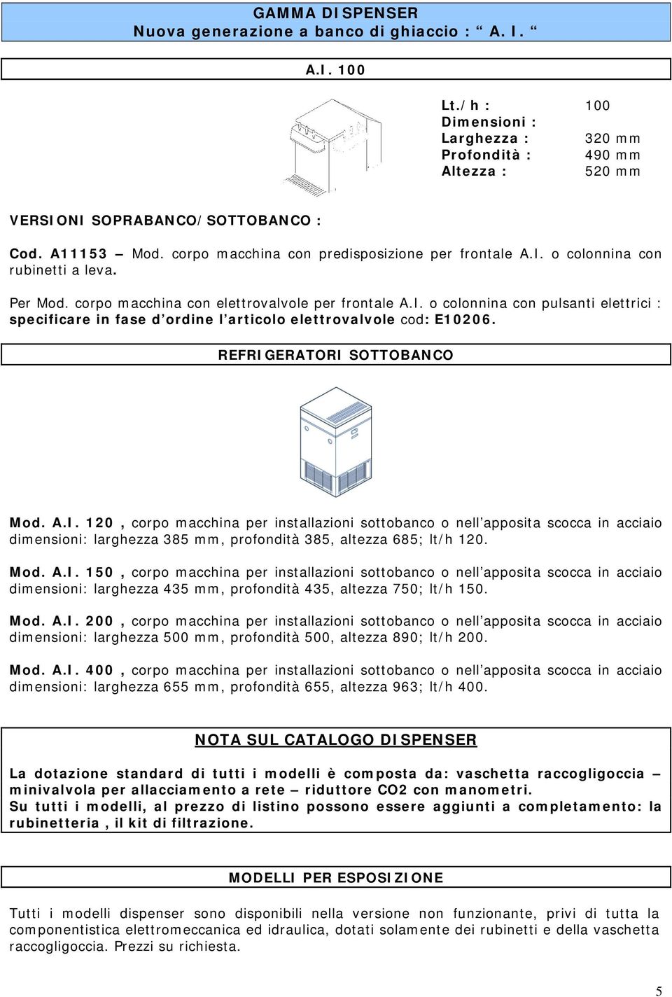 REFRIGERATORI SOTTOBANCO Mod. A.I. 120, corpo macchina per installazioni sottobanco o nell apposita scocca in acciaio dimensioni: larghezza 385 mm, profondità 385, altezza 685; lt/h 120. Mod. A.I. 150, corpo macchina per installazioni sottobanco o nell apposita scocca in acciaio dimensioni: larghezza 435 mm, profondità 435, altezza 750; lt/h 150.