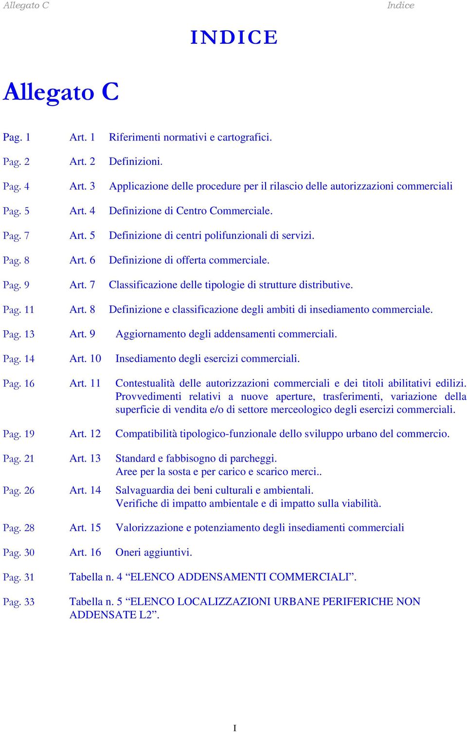 7 Classificazione delle tipologie di strutture distributive. Pag. 11 Art. 8 Definizione e classificazione degli ambiti di insediamento commerciale. Pag. 13 Art.