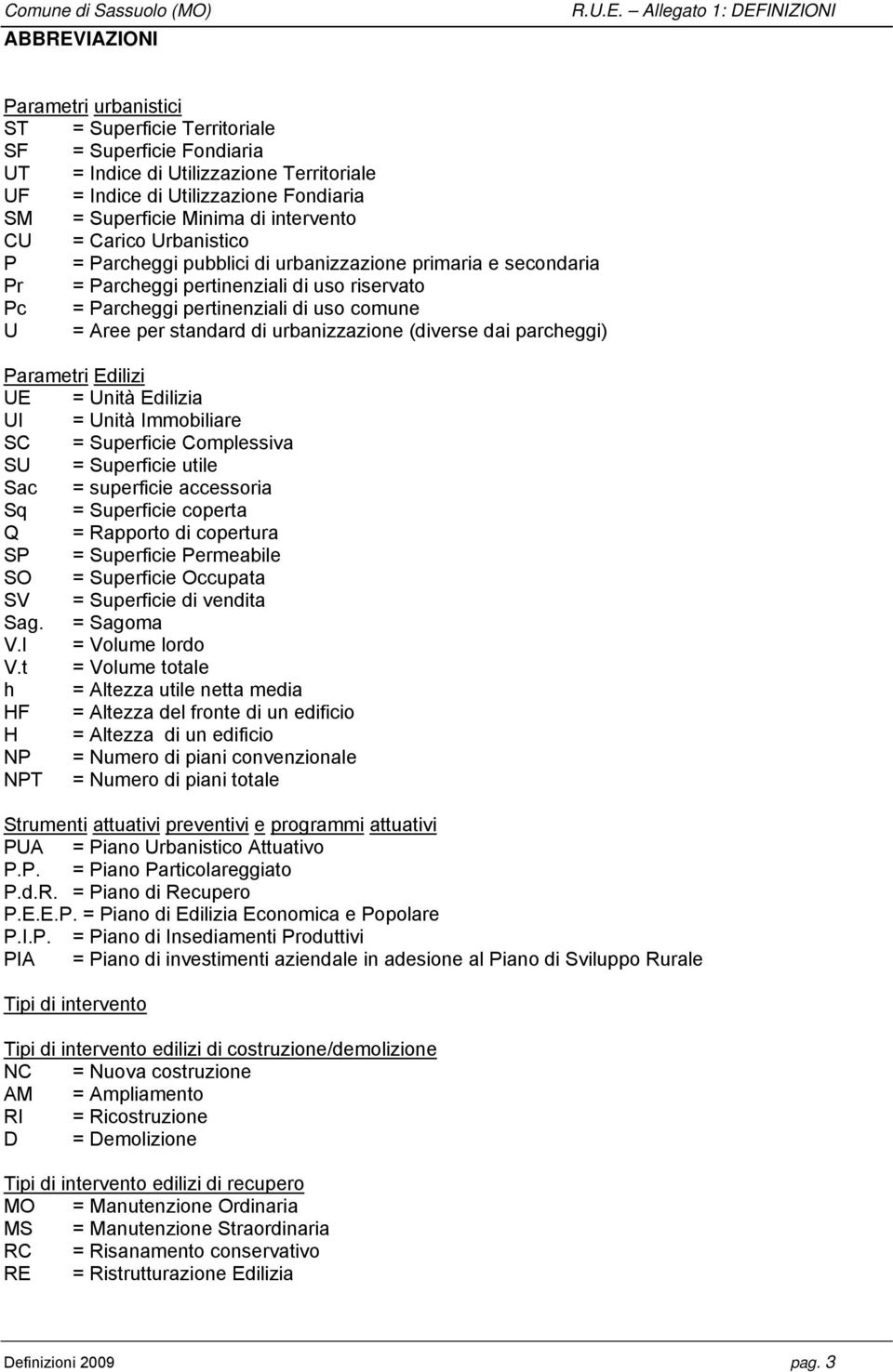 Allegato 1: DEFINIZIONI Parametri urbanistici ST = Superficie Territoriale SF = Superficie Fondiaria UT = Indice di Utilizzazione Territoriale UF = Indice di Utilizzazione Fondiaria SM = Superficie