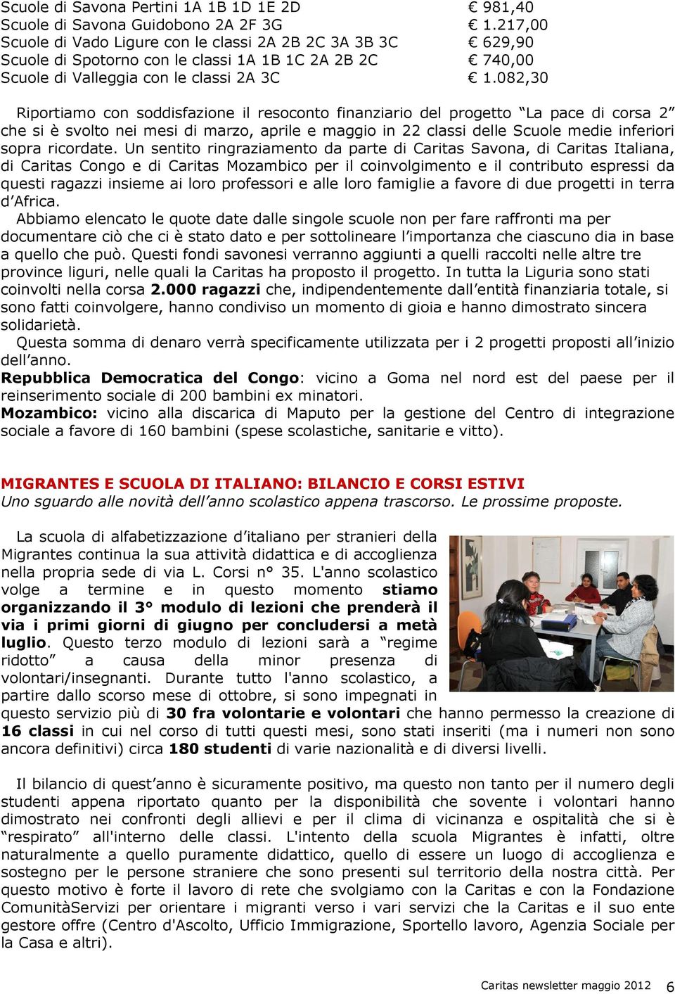 082,30 Riportiamo con soddisfazione il resoconto finanziario del progetto La pace di corsa 2 che si è svolto nei mesi di marzo, aprile e maggio in 22 classi delle Scuole medie inferiori sopra