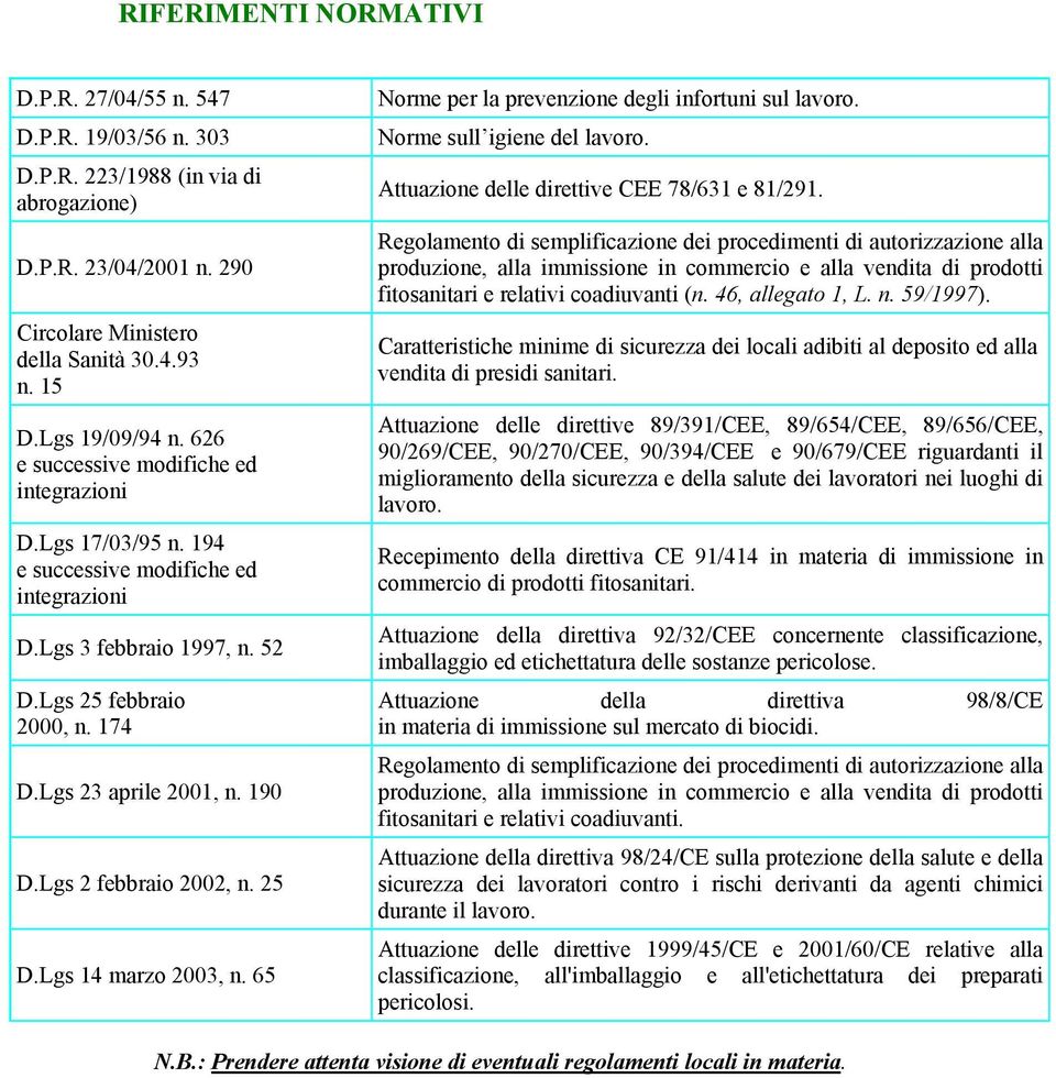 Lgs 2 febbraio 2002, n. 25 D.Lgs 14 marzo 2003, n. 65 Norme per la prevenzione degli infortuni sul lavoro. Norme sull igiene del lavoro. Attuazione delle direttive CEE 78/631 e 81/291.