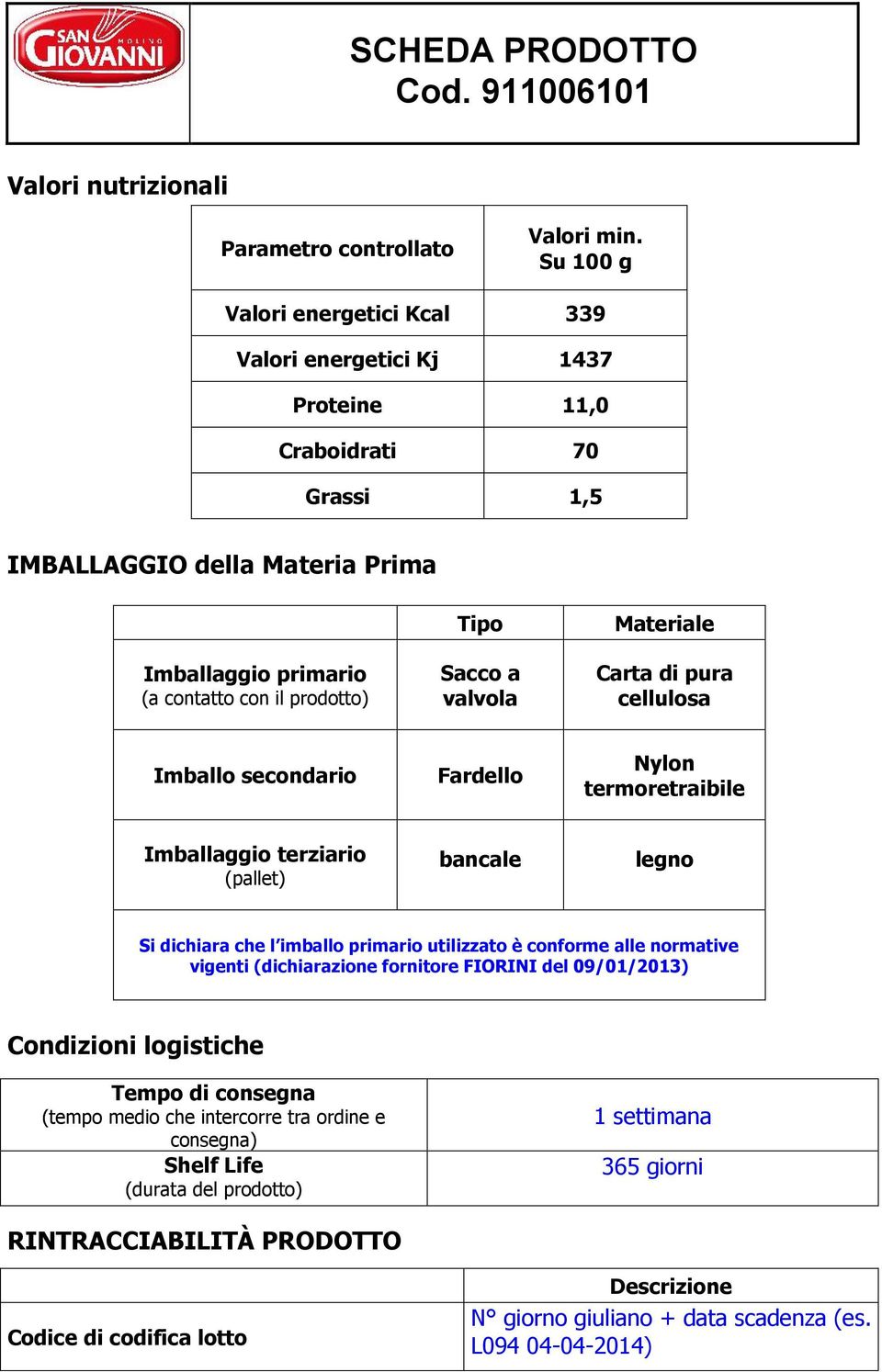 a valvola Materiale Carta di pura cellulosa Imballo secondario Fardello Nylon termoretraibile Imballaggio terziario (pallet) bancale legno Si dichiara che l imballo primario utilizzato è