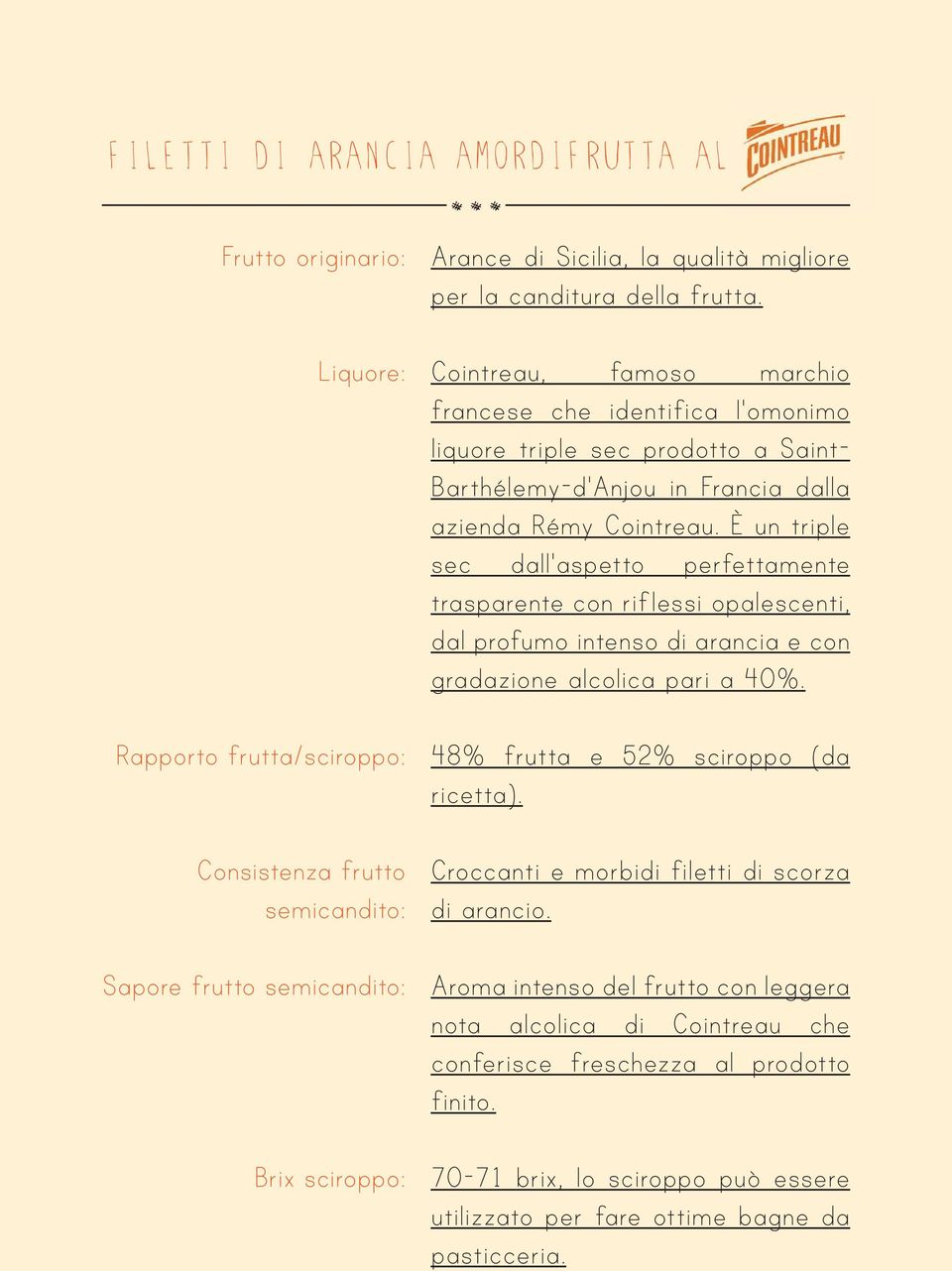 È un triple sec dall'aspetto perfettamente trasparente con riflessi opalescenti, dal profumo intenso di arancia e con gradazione alcolica pari a 40%. 48% frutta e 52% sciroppo (da ricetta).