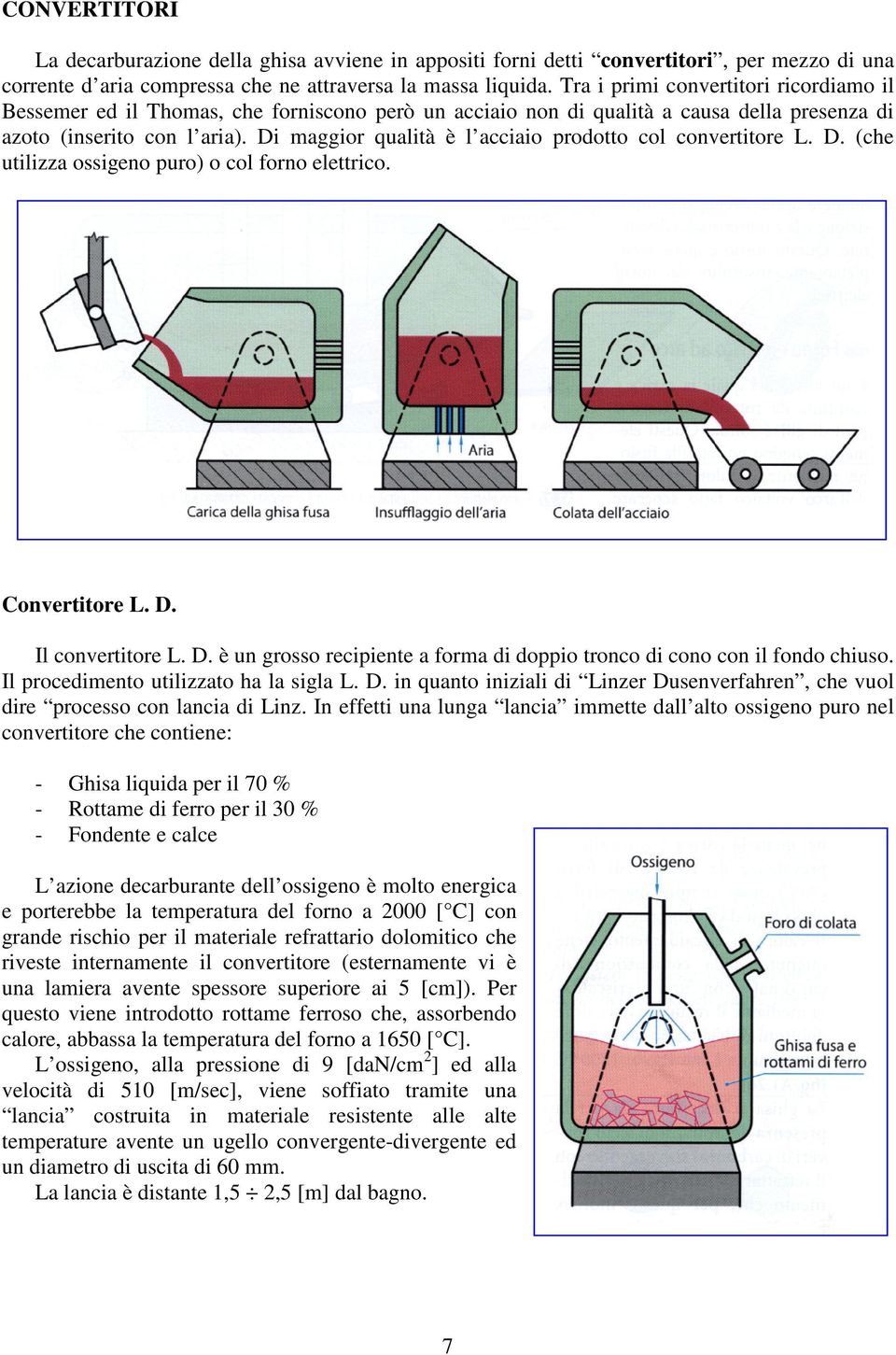 Di maggior qualità è l acciaio prodotto col convertitore L. D. (che utilizza ossigeno puro) o col forno elettrico. Convertitore L. D. Il convertitore L. D. è un grosso recipiente a forma di doppio tronco di cono con il fondo chiuso.