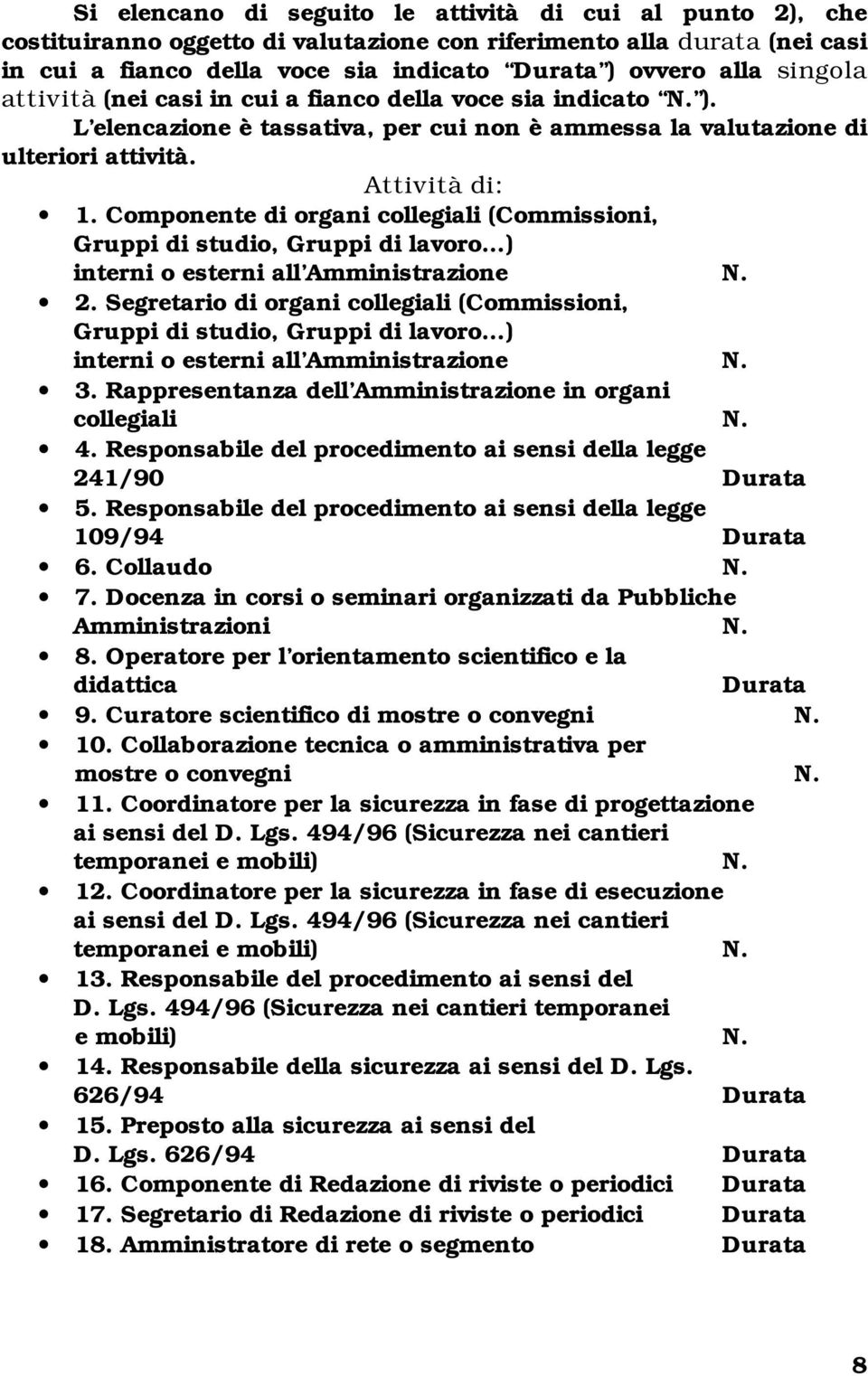 Componente di organi collegiali (Commissioni, Gruppi di studio, Gruppi di lavoro ) interni o esterni all Amministrazione N. 2.