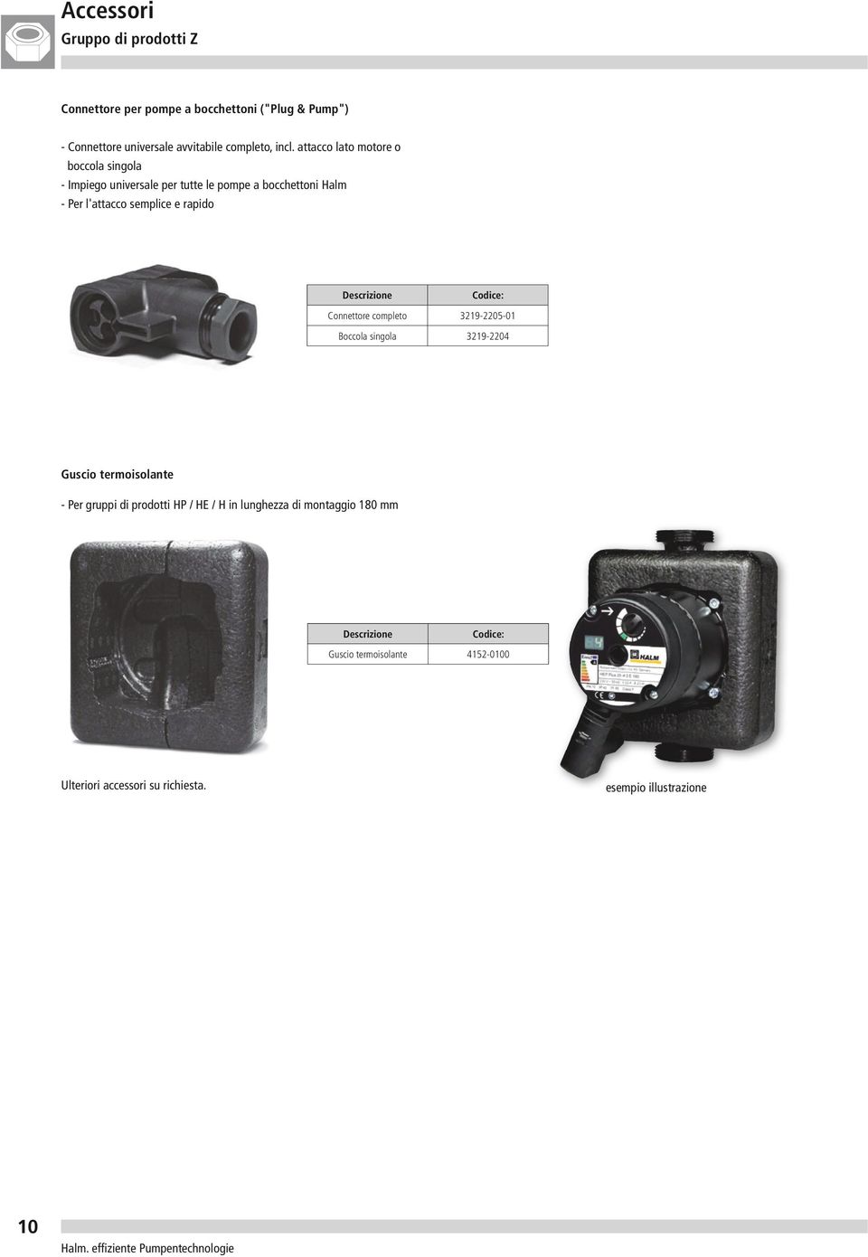 Descrizione Codice: Connettore completo 3219-225-1 Boccola singola 3219-224 Guscio termoisolante - Per gruppi di prodotti HP / HE / H