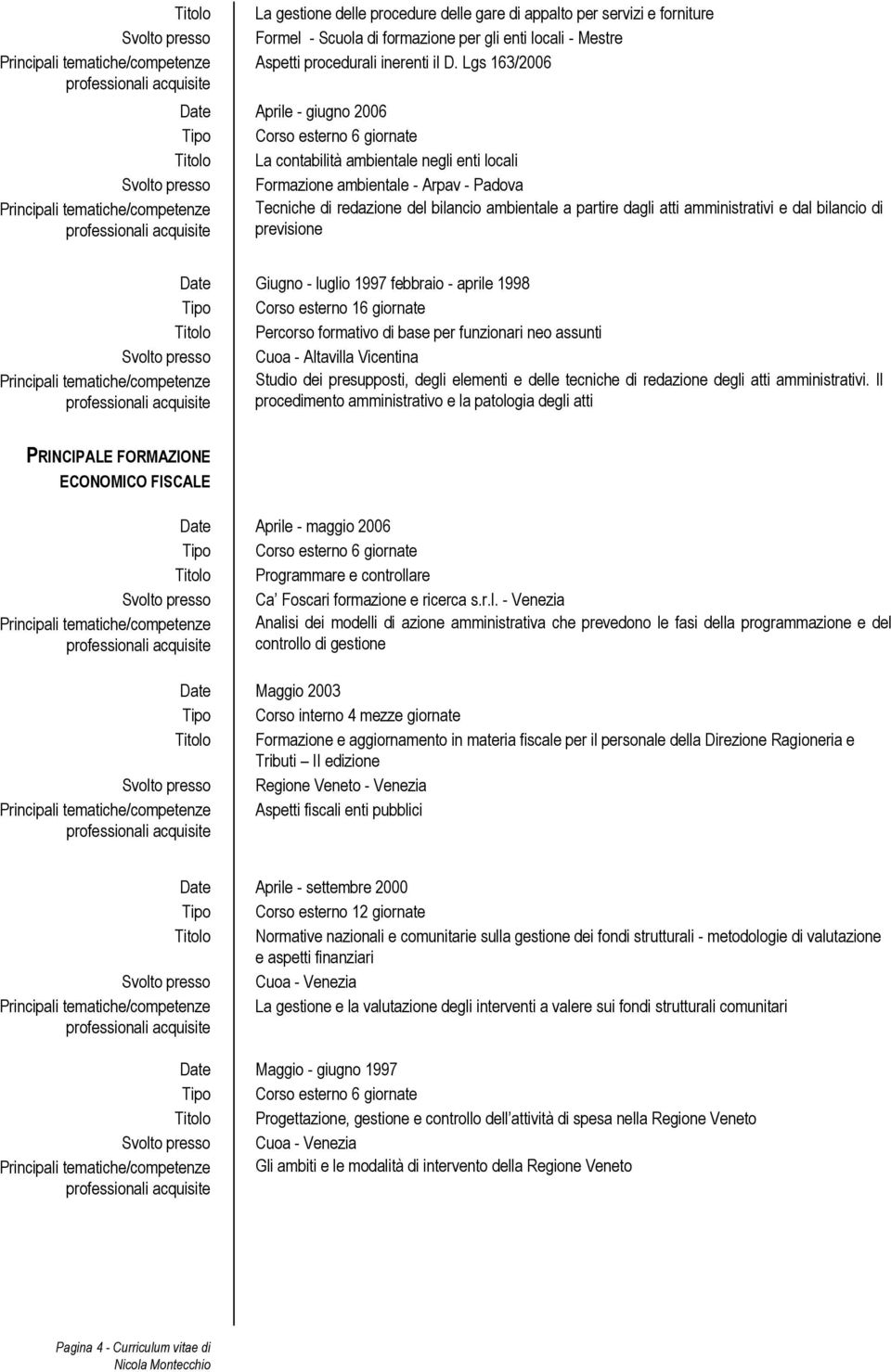 amministrativi e dal bilancio di previsione Date Giugno - luglio 1997 febbraio - aprile 1998 Tipo Corso esterno 16 giornate Titolo Percorso formativo di base per funzionari neo assunti Cuoa -