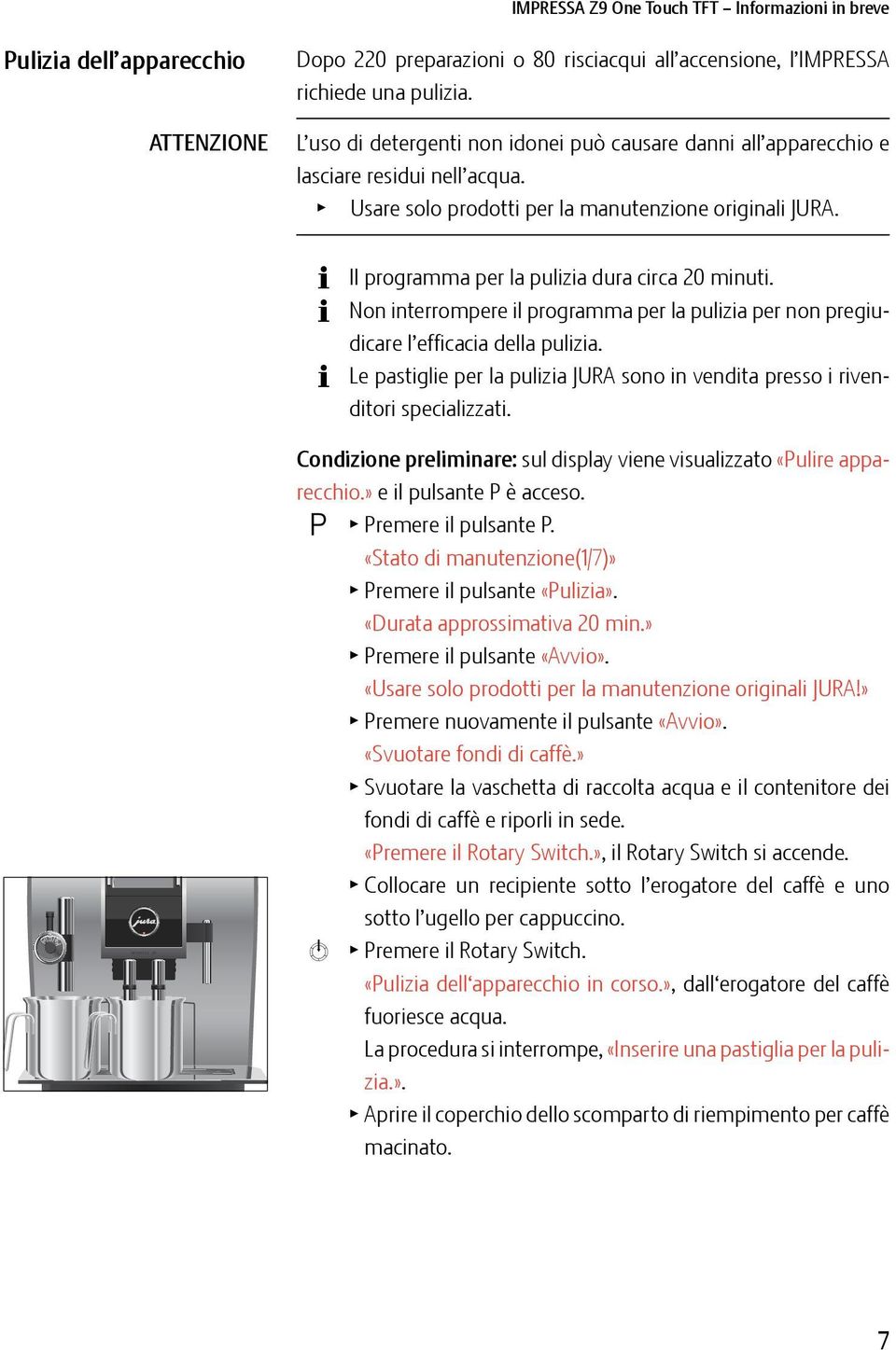 Il programma per la pulizia dura circa 20 minuti. Non interrompere il programma per la pulizia per non pregiudicare l efficacia della pulizia.