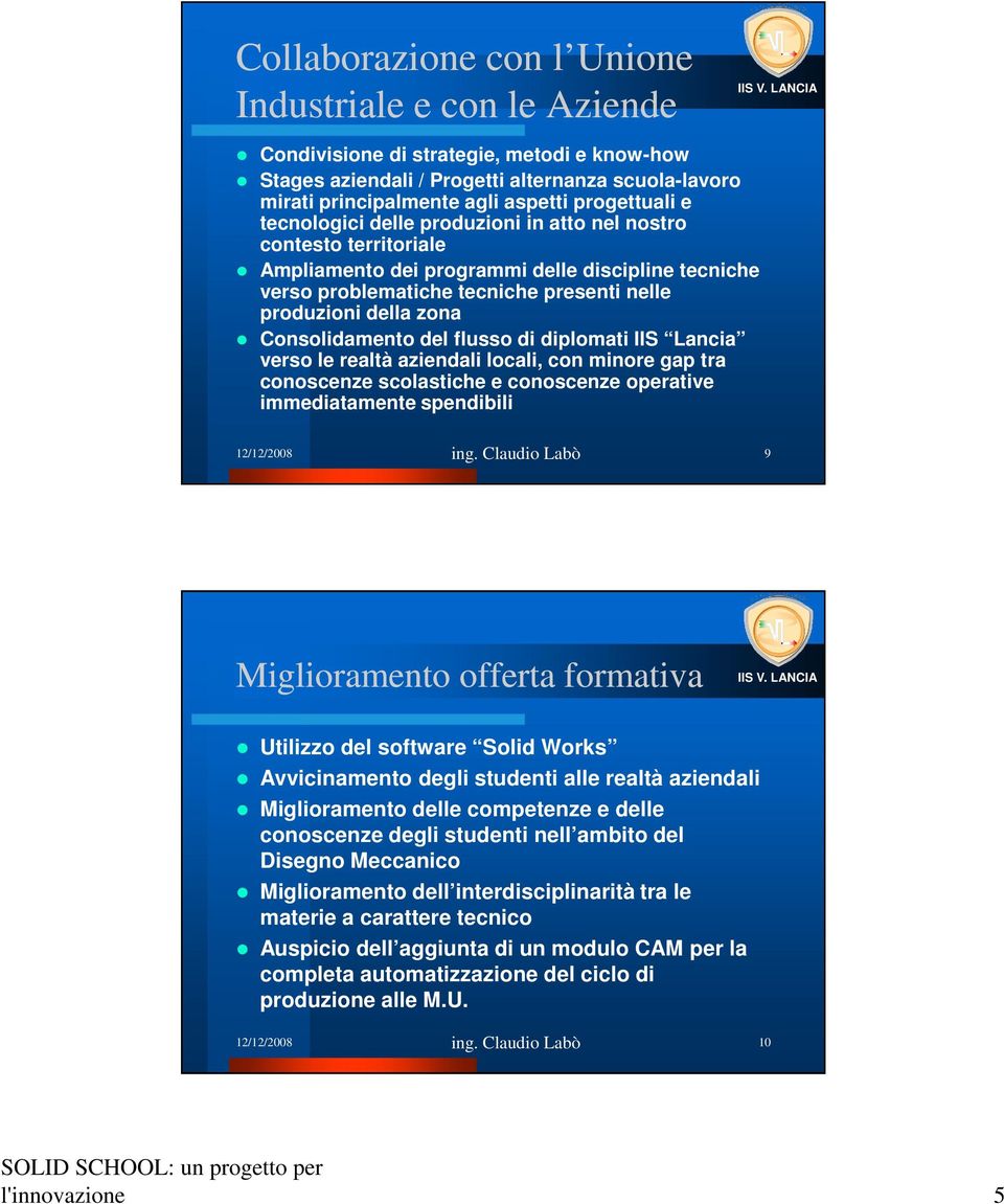 zona Consolidamento del flusso di diplomati IIS Lancia verso le realtà aziendali locali, con minore gap tra conoscenze scolastiche e conoscenze operative immediatamente spendibili 12/12/2008 9