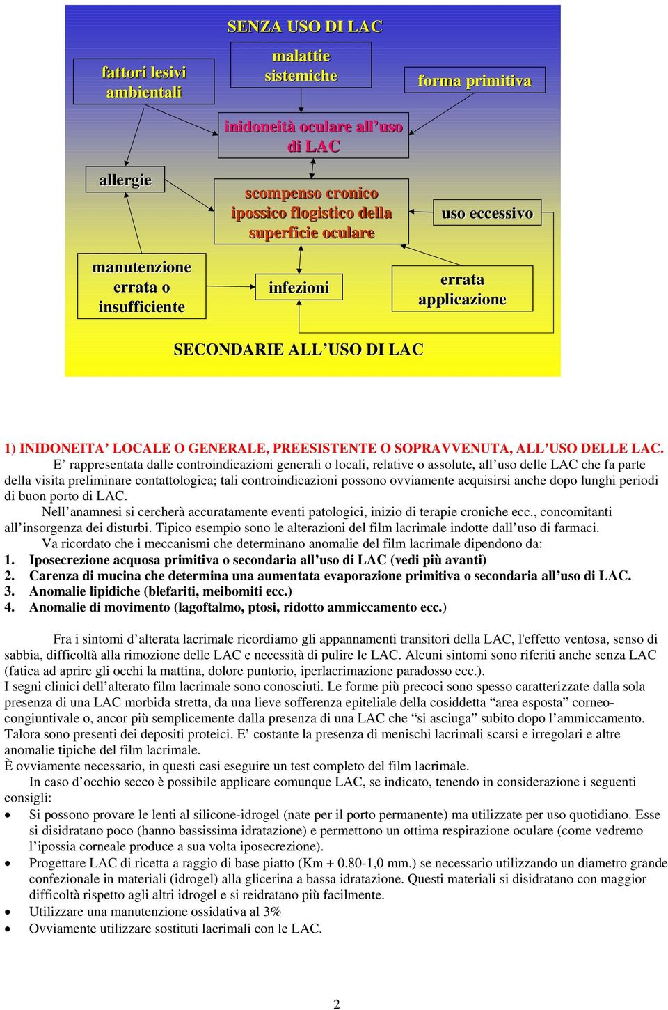 E rappresentata dalle controindicazioni generali o locali, relative o assolute, all uso delle LAC che fa parte della visita preliminare contattologica; tali controindicazioni possono ovviamente