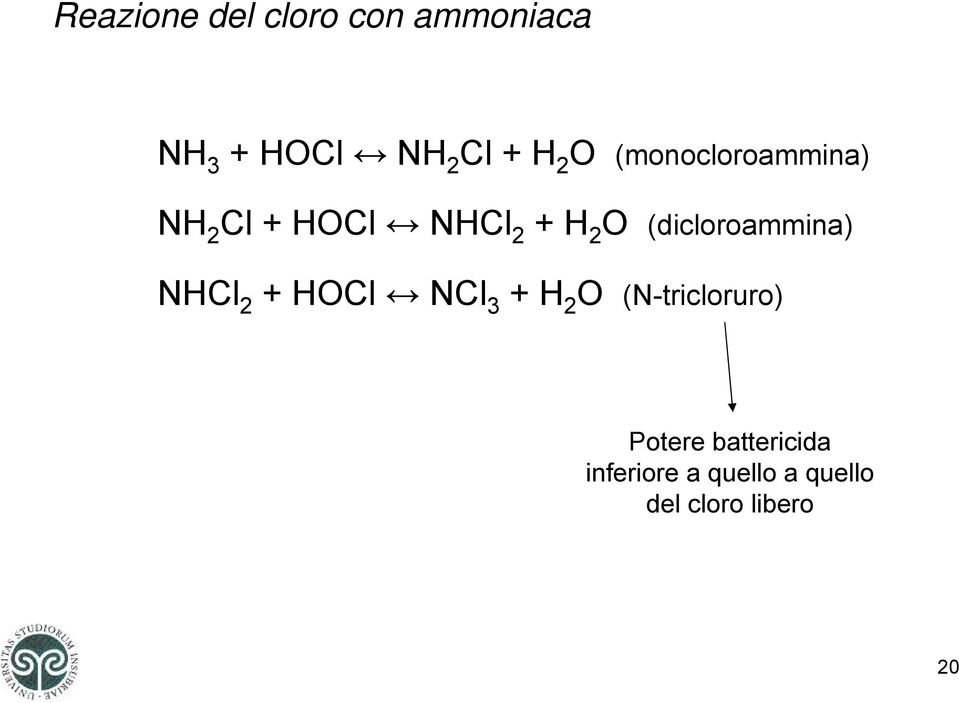 (dicloroammina) NHCl 2 + HOCl NCl 3 + H 2 O (N-tricloruro)