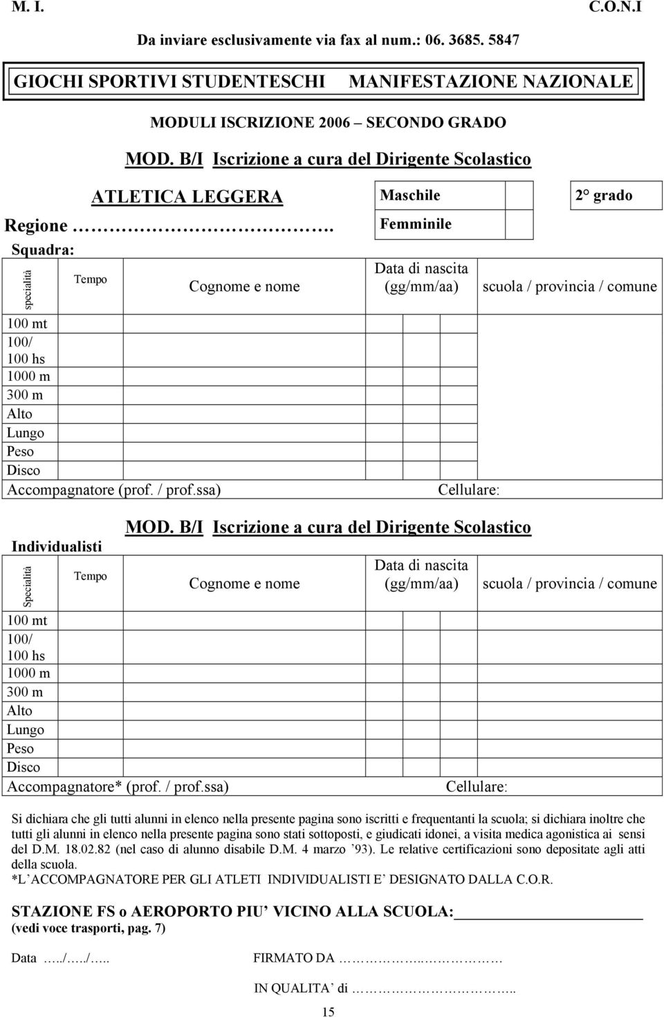 Squadra: specialità 100 mt 100/ 100 hs 1000 m 300 m Alto Lungo Peso Disco Femminile Individualisti Specialità 100 mt 100/ 100 hs 1000 m 300 m