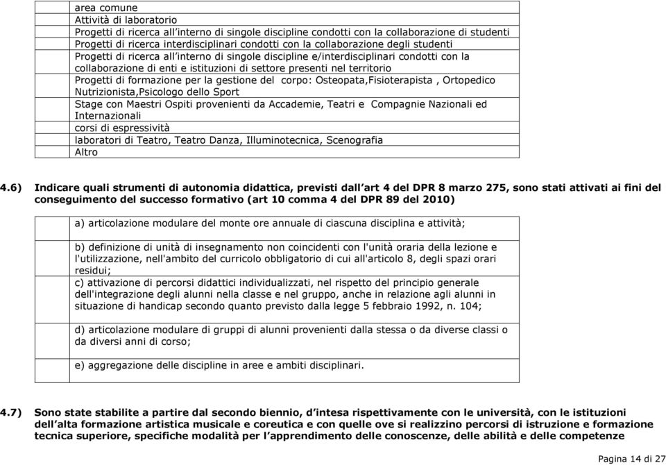 Progetti di formazione per la gestione del corpo: Osteopata,Fisioterapista, Ortopedico Nutrizionista,Psicologo dello Sport Stage con Maestri Ospiti provenienti da Accademie, Teatri e Compagnie