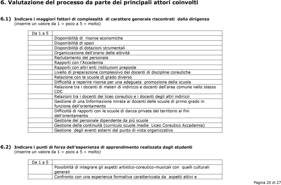 di spazi Disponibilità di dotazioni strumentali Organizzazione dell orario delle attività Reclutamento del personale Rapporti con l Accademia Rapporti con altri enti /istituzioni preposte Livello di