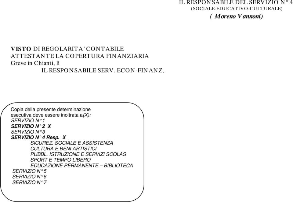 Copia della presente determinazione esecutiva deve essere inoltrata a(x): SERVIZIO N 1 SERVIZIO N 2 X SERVIZIO N 3 SERVIZIO N 4 Resp.