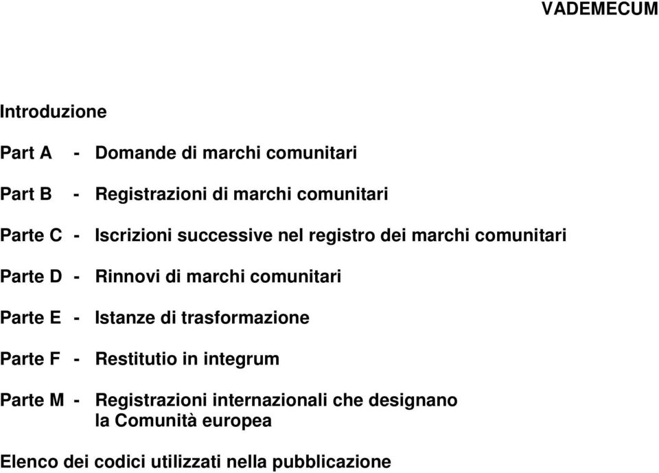 marchi comunitari Parte E - Istanze di trasformazione Parte F - Restitutio in integrum Parte M -