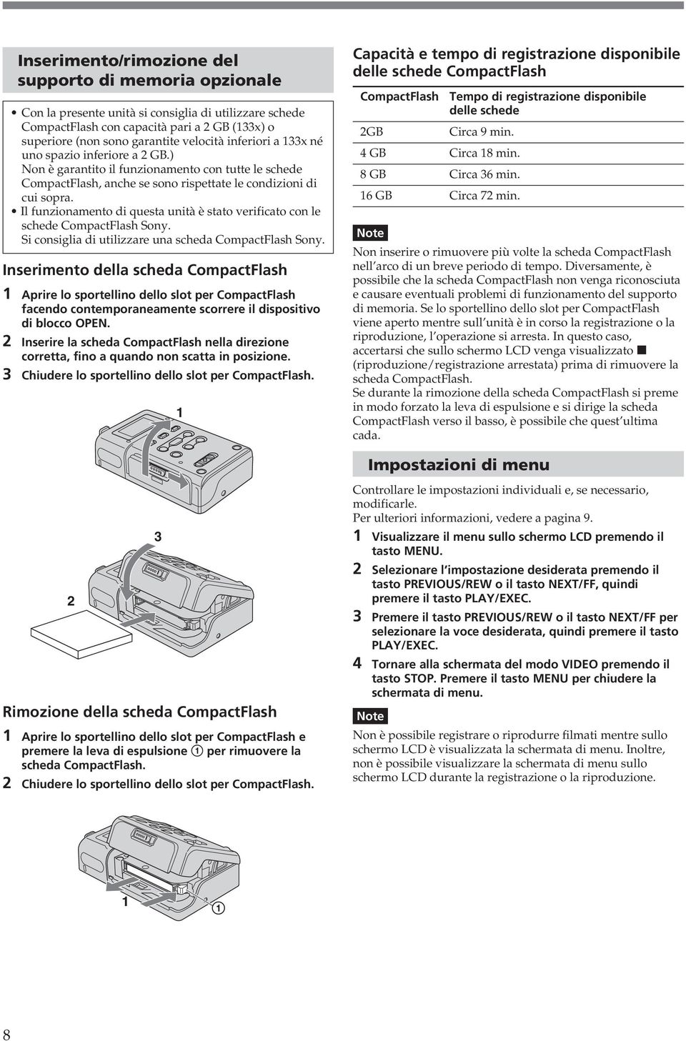 Il funzionamento di questa unità è stato verificato con le schede CompactFlash Sony. Si consiglia di utilizzare una scheda CompactFlash Sony.