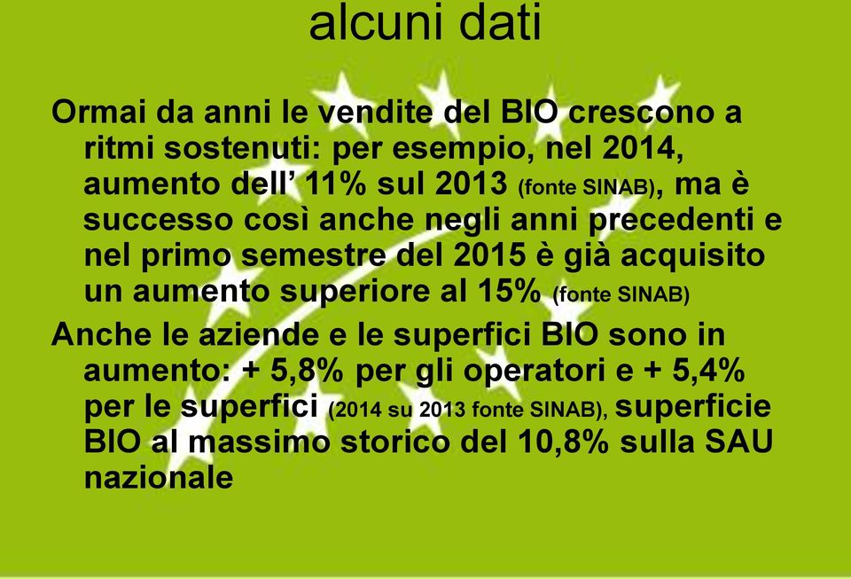 aumento superiore al 15% (fonte SINAB) Anche le aziende e le superfici BIO sono in aumento: + 5,8% per gli operatori