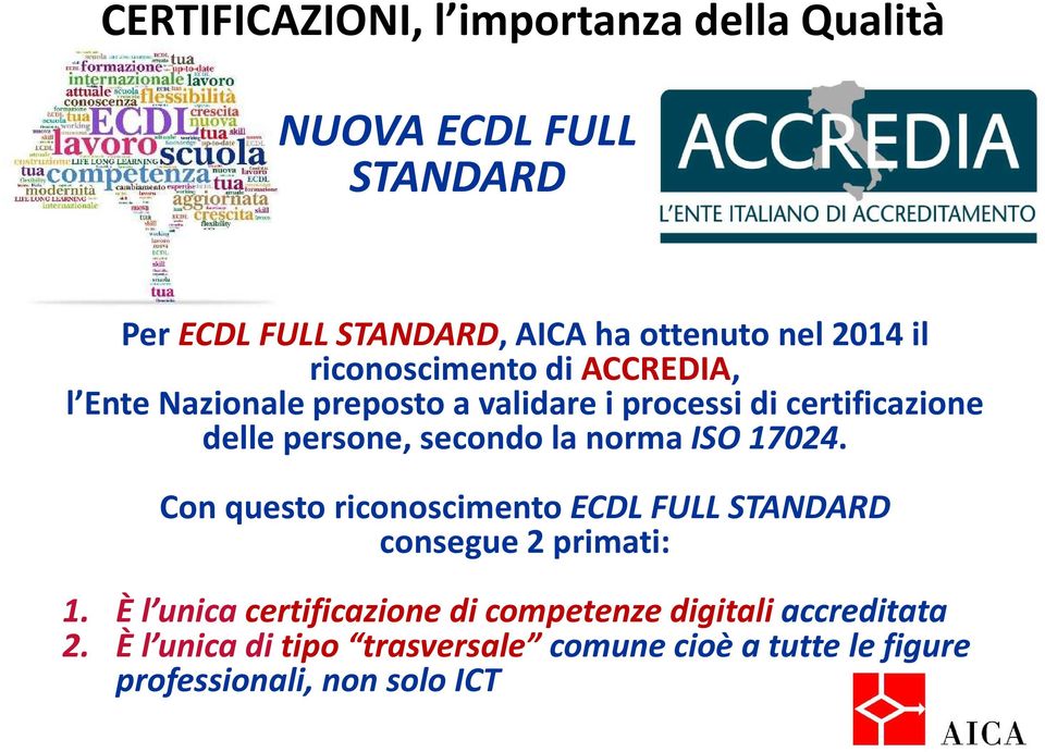 secondo la norma ISO 17024. Con questo riconoscimento ECDL FULL STANDARD consegue 2 primati: 1.