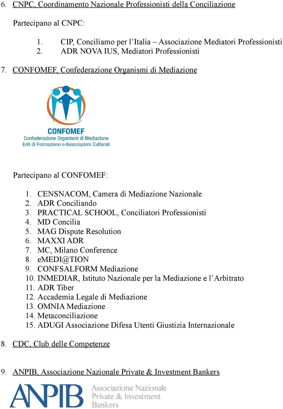 CENSNACOM, Camera di Mediazione Nazionale 2. ADR Conciliando 3. PRACTICAL SCHOOL, Conciliatori Professionisti 4. MD Concilia 5. MAG Dispute Resolution 6. MAXXI ADR 7. MC, Milano Conference 8.