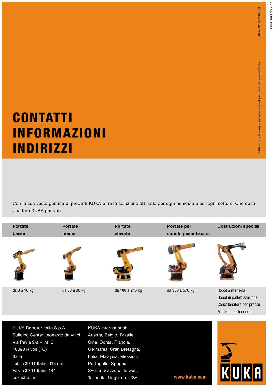 Portate Portate Portate Portate per Costruzioni speciali basse medie elevate carichi pesantissimi da 3 a 16 kg da 30 a 60 kg da 100 a 240 kg da 360 a 570 kg Robot a mensola Robot di pallettizzazione