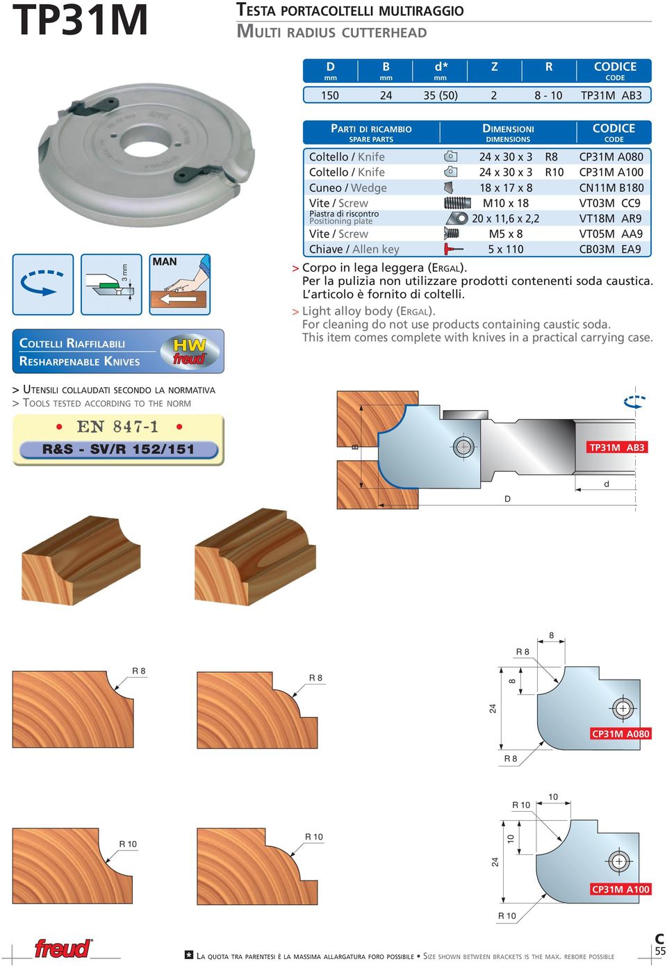 VT18M R9 Vite / Screw M5 x 8 VT05M 9 hiave / llen key 5 x 110 03M E9 > orpo in lega leggera (ERGL). Per la pulizia non utilizzare prootti contenenti soa caustica. L articolo è fornito i coltelli.