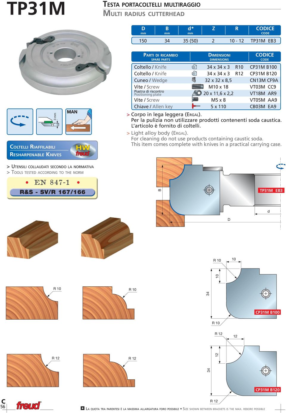 VT18M R9 Vite / Screw M5 x 8 VT05M 9 hiave / llen key 5 x 110 03M E9 > orpo in lega leggera (ERGL). Per la pulizia non utilizzare prootti contenenti soa caustica. L articolo è fornito i coltelli.