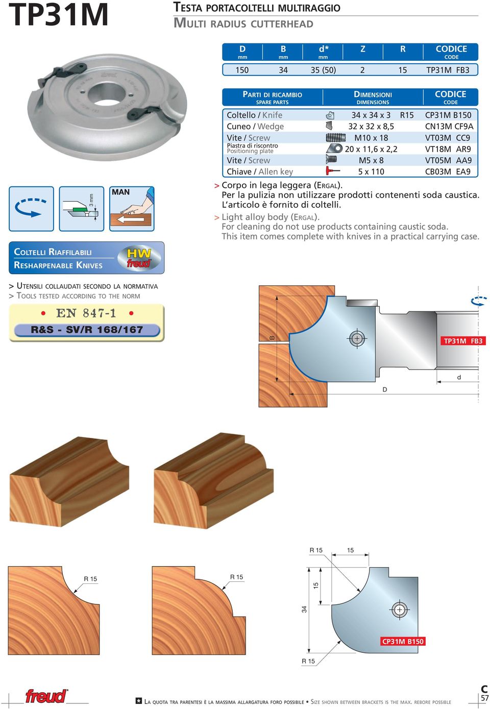 lega leggera (ERGL). Per la pulizia non utilizzare prootti contenenti soa caustica. L articolo è fornito i coltelli. > Light alloy boy (ERGL). For cleaning o not use proucts containing caustic soa.