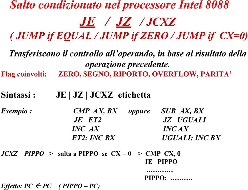 ZERO / JUMP if CX=0) Trasferiscono il controllo all operando, in base al risultato della operazione precedente.