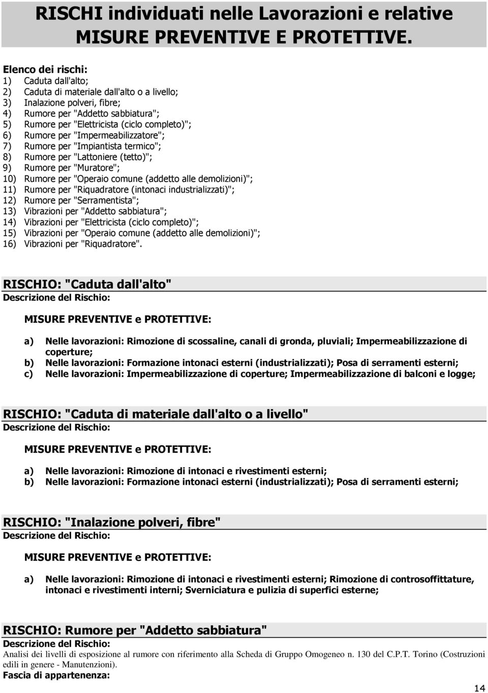 6) Rumore per "Impermeabilizzatore"; 7) Rumore per "Impiantista termico"; 8) Rumore per "Lattoniere (tetto)"; 9) Rumore per "Muratore"; 10) Rumore per "Operaio comune (addetto alle demolizioni)"; 11)