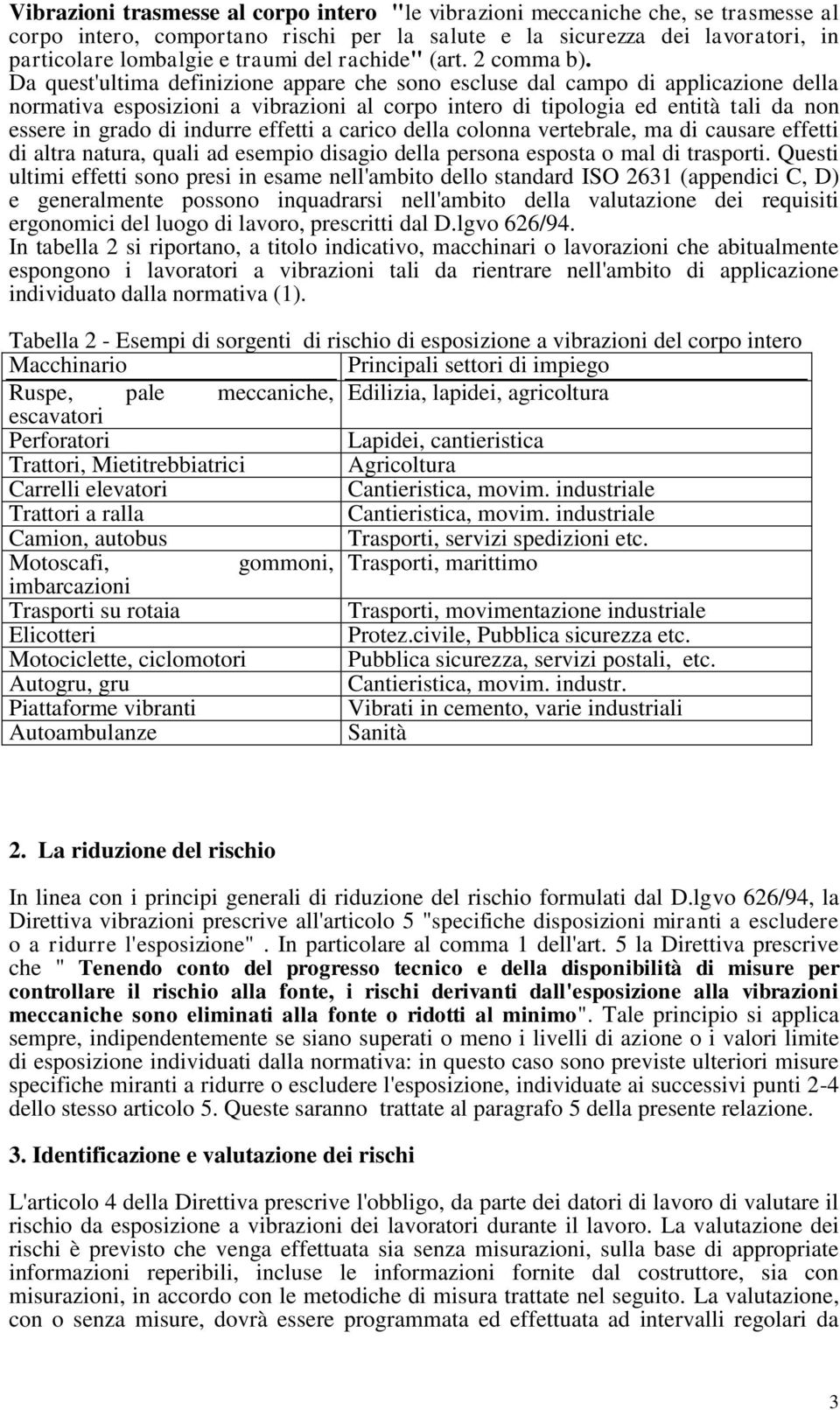 Da quest'ultima definizione appare che sono escluse dal campo di applicazione della normativa esposizioni a vibrazioni al corpo intero di tipologia ed entità tali da non essere in grado di indurre