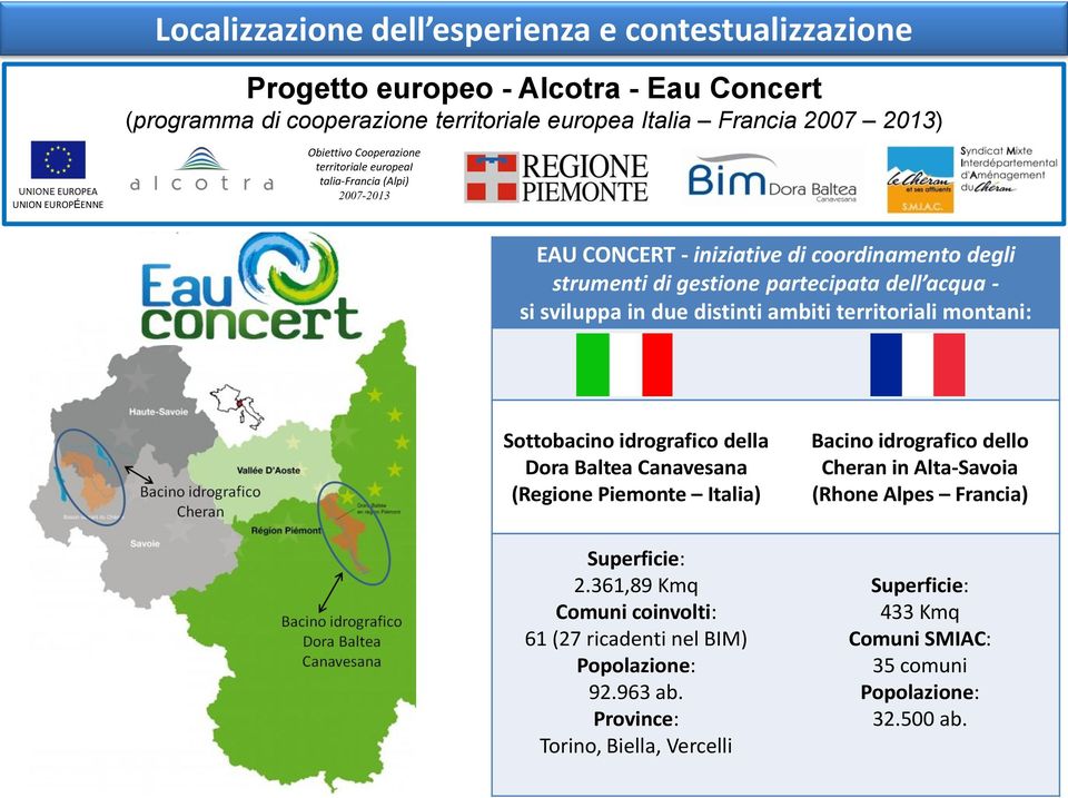 sviluppa in due distinti ambiti territoriali montani: Sottobacino idrografico della Dora Baltea Canavesana (Regione Piemonte Italia) Bacino idrografico dello Cheran in Alta-Savoia (Rhone Alpes