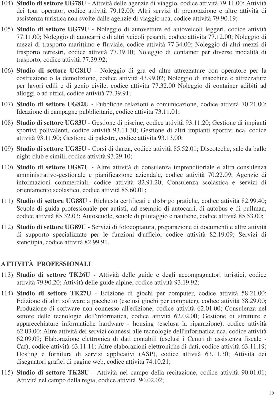 19; 105) Studio di settore UG79U - Noleggio di autovetture ed autoveicoli leggeri, codice attività 77.11.00; Noleggio di autocarri e di altri veicoli pesanti, codice attività 77.12.