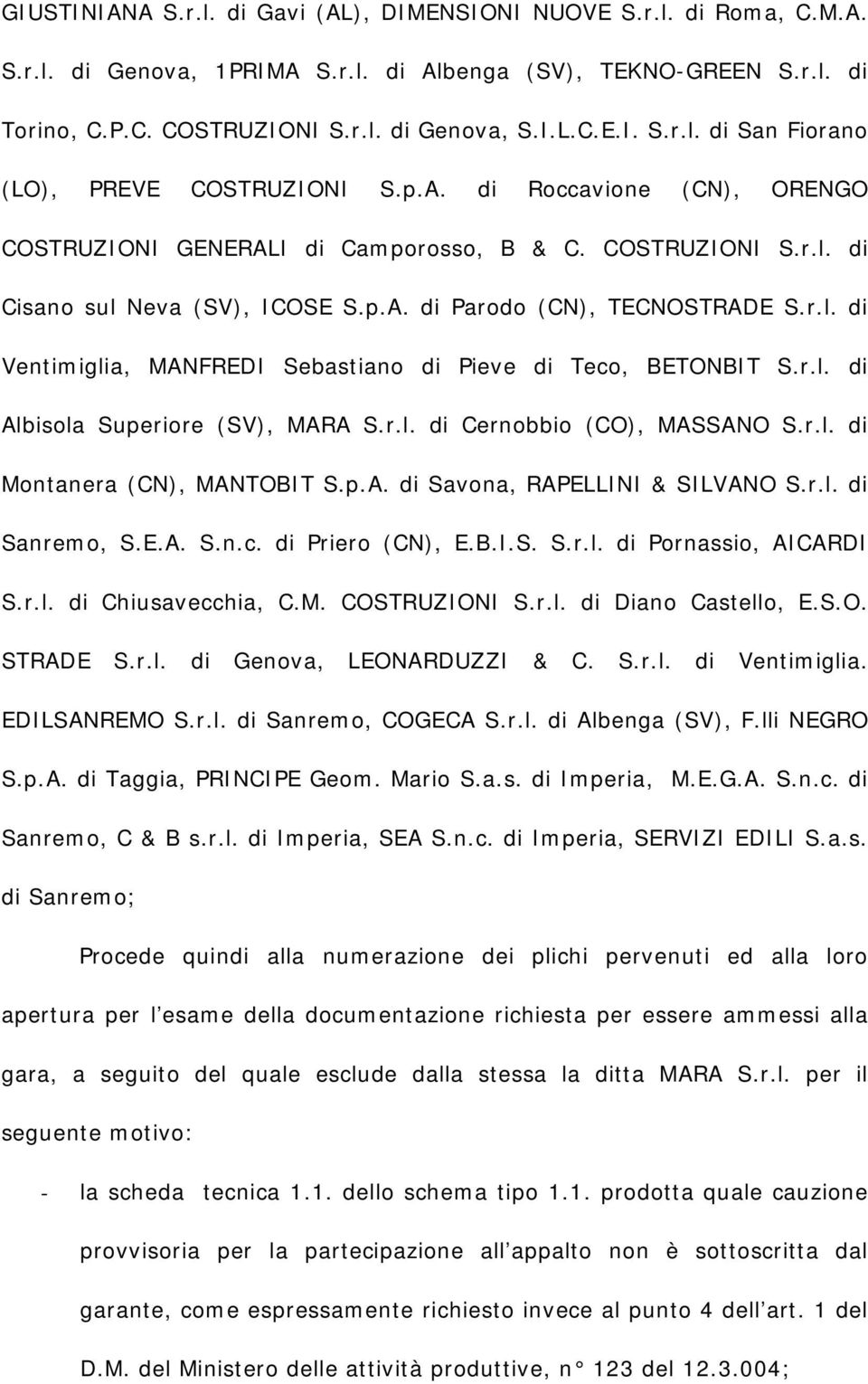 r.l. di Albisola Superiore (SV), MARA S.r.l. di Cernobbio (CO), MASSANO S.r.l. di Montanera (CN), MANTOBIT S.p.A. di Savona, RAPELLINI & SILVANO S.r.l. di Sanremo, S.E.A. S.n.c. di Priero (CN), E.B.I.S. S.r.l. di Pornassio, AICARDI S.