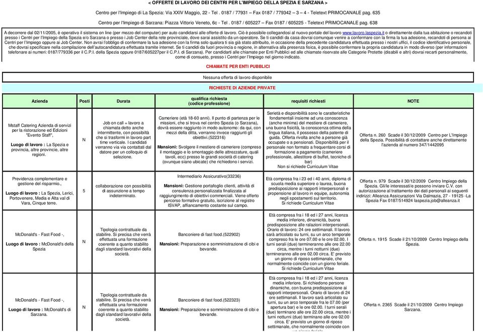638 A decorrere dal 02//2005, è operativo il sistema on line (per mezzo del computer) per auto candidarsi alle offerte di lavoro. Ciò è possibile collegandosi al nuovo portale del lavoro www.lavoro.laspezia.