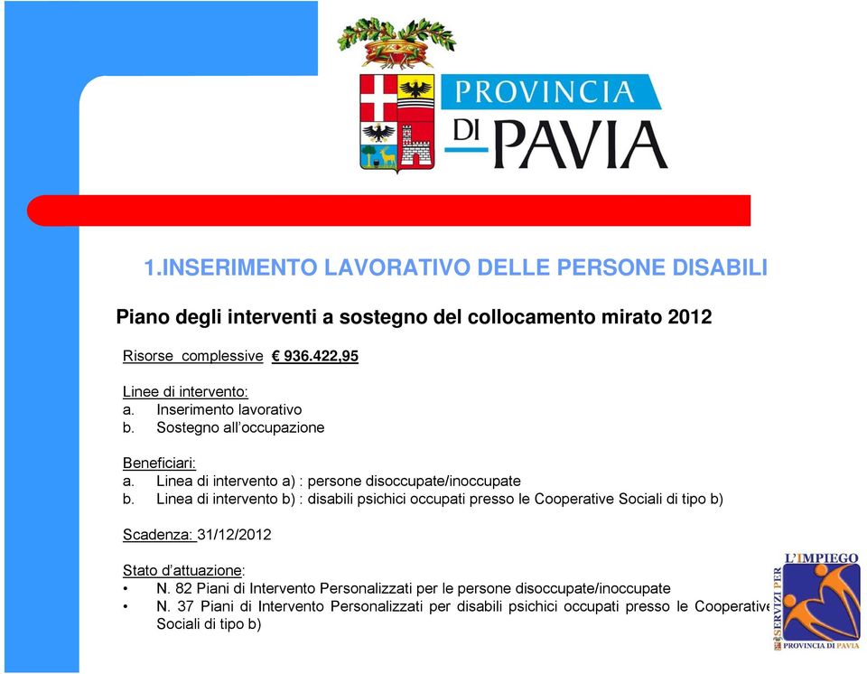 Linea di intervento a) : persone disoccupate/inoccupate b.