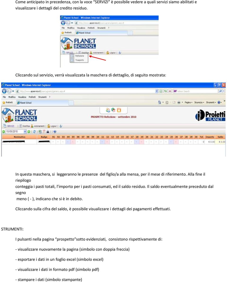 Alla fine il riepilogo conteggia i pasti totali, l importo per i pasti consumati, ed il saldo residuo. Il saldo eventualmente preceduto dal segno meno ( - ), indicano che si è in debito.