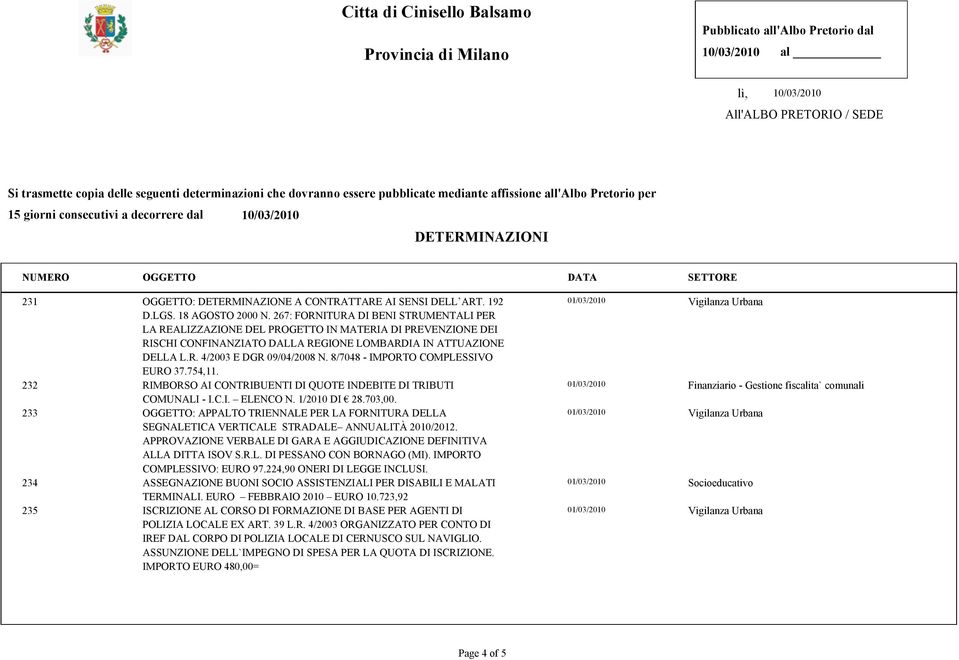 8/7048 - IMPORTO COMPLESSIVO EURO 37.754,11. 232 RIMBORSO AI CONTRIBUENTI DI QUOTE INDEBITE DI TRIBUTI COMUNALI - I.C.I. ELENCO N. 1/2010 DI 28.703,00.